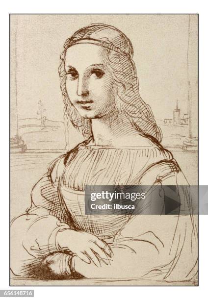 illustrations, cliparts, dessins animés et icônes de croquis et des dessins de léonard de vinci : mona lisa (la gioconda) par raphael - la joconde