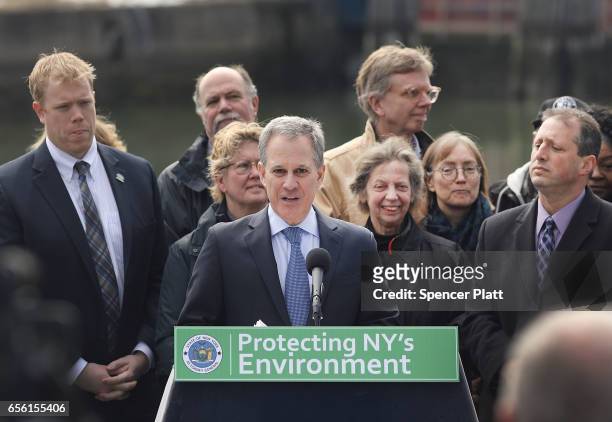 Attorney General Eric Schneiderman speaks beside the Gowanus Canal, which is a designated federal Superfund site, in the Gowanus neighborhood in...