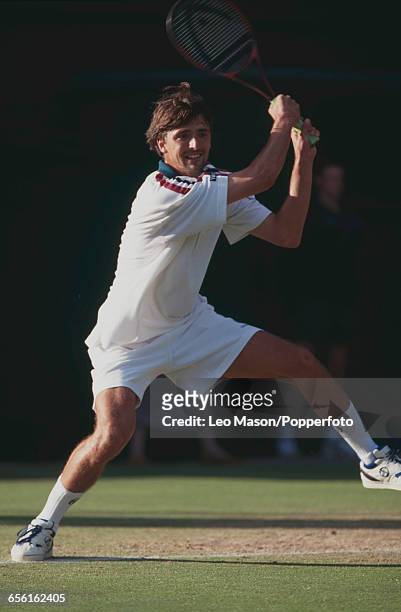 Croatian tennis player Goran Ivanisevic pictured in action during competition to reach the quarterfinals of the Men's Singles tournament at the...