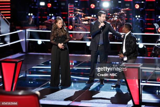 Battle Rounds" -- Pictured: Felicia Temple, Carson Daly, Quizz Swanigan --