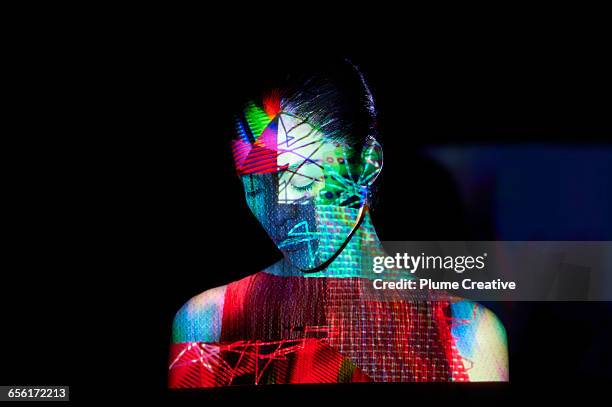 woman with abstract shapes on her face - face projection stock pictures, royalty-free photos & images