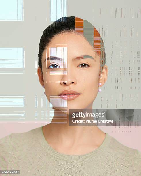 glitchy portrait of woman - digital identity stockfoto's en -beelden