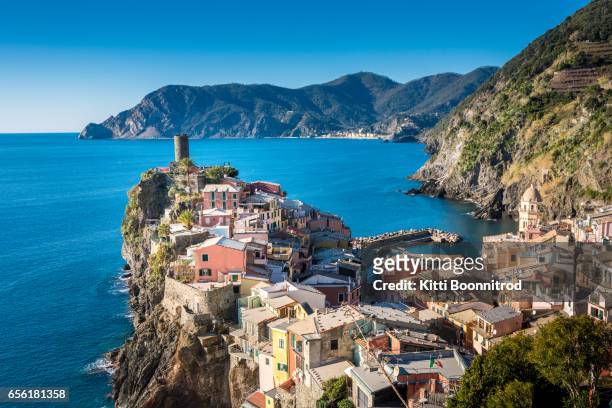 view of vernazza from viewpoint during winter in italy - genoa italy stock pictures, royalty-free photos & images