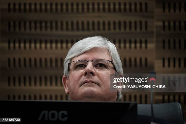 Brazil's Attorney General Rodrigo Janot attends a refund agreement ceremony at the Second Region Federal Court in Rio de Janeiro, Brazil on March 21,...