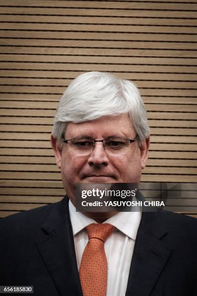 Brazil's Attorney General Rodrigo Janot attends a refund agreement ceremony at the Second Region Federal Court in Rio de Janeiro, Brazil on March 21,...