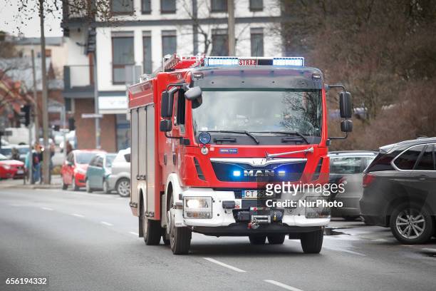 Car of firefighters is seen in Bydgoszcz, Poland on 21 March, 2017.