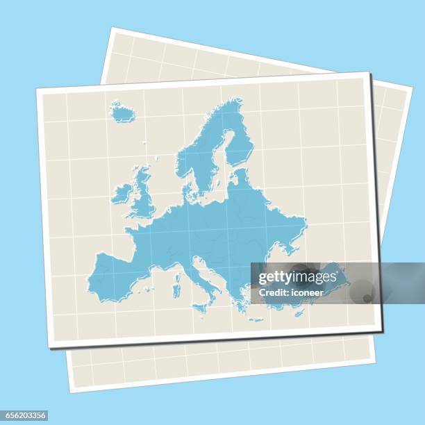 europe scribbled map on sheets of paper on blue background - blank map of europe stock illustrations