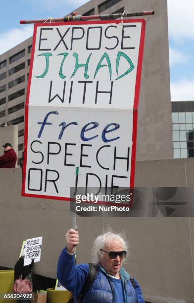 Group of Canadians gathered to protest against Islam, Muslims, Sharia Law and M-103 in downtown Toronto, Ontario, Canada, on March 19, 2017....