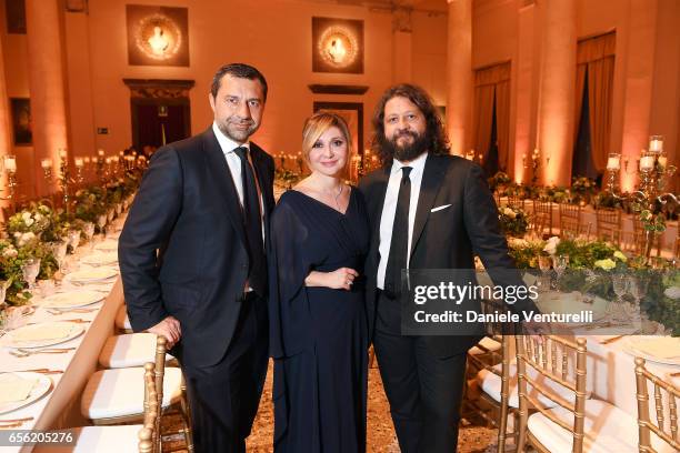 Giorgio Damiani, Silvia Damiani and Guido Damiani attend a dinner for 'Damiani - Un Secolo Di Eccellenza' at Palazzo Reale on March 21, 2017 in...