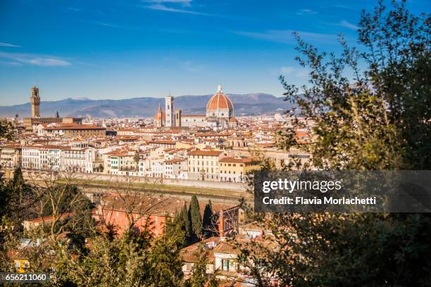 florence cityscape with duomo santa maria del fiore and palazzo vecchio's tower; italy - maria tejada fotografías e imágenes de stock