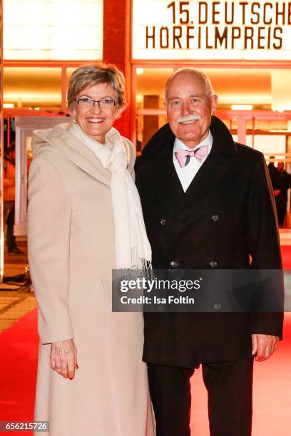 Preseident Renate Reymann and her husband Claus Reymann arrive at the Deutscher Hoerfilmpreis at Kino International on March 21, 2017 in Berlin,...