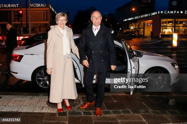 Preseident Renate Reymann and her husband Claus Reymann arrive at the Deutscher Hoerfilmpreis at Kino International on March 21, 2017 in Berlin,...