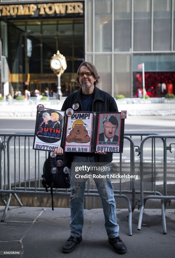 Protester Sells Buttons Across From Trump Tower In New York City