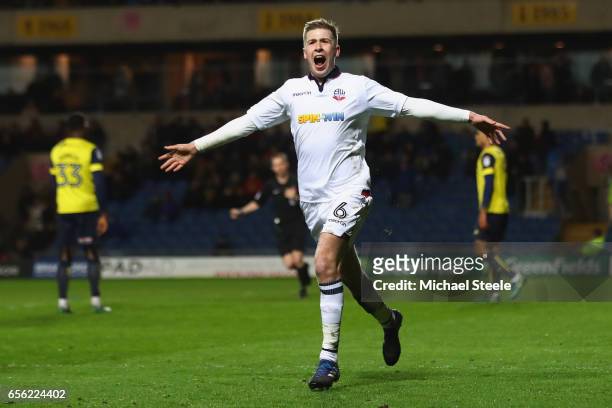 Josh Vela of Bolton celebrates scoring his sides fourth goal during the Sky Bet League One match between Oxford United and Bolton Wanderers at the...
