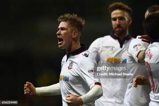 Josh Vela of Bolton celebrates scoring his sides fourth goal during the Sky Bet League One match between Oxford United and Bolton Wanderers at the...