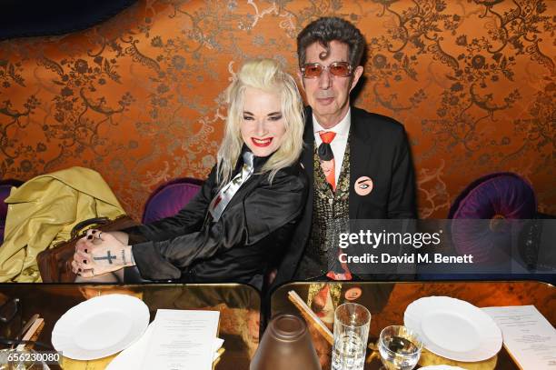 Pam Hogg and Duggie Fields attend the Another Man Spring/Summer Issue launch dinner, in association with Kronaby, at Park Chinois on March 21, 2017...