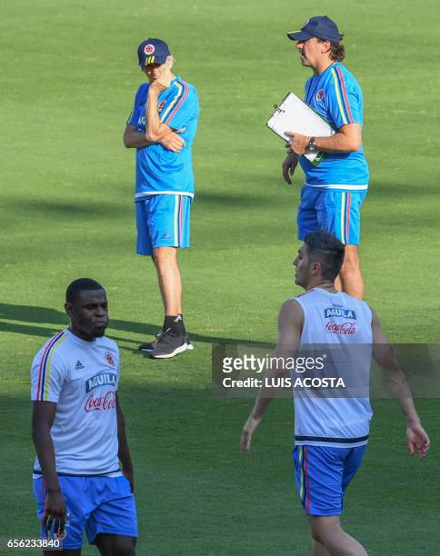 Colombia's coach Jose Pekerman and his assintant Gabriel Lorenzo conduct a training session at the Metropolitano Stadium, in Barranquilla on March...