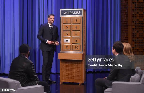 Tariq Trotter of the Roots,Joe Manganiello, host Jimmy Fallon and Jessica Chastain play charades during a segement on "The Tonight Show Starring...