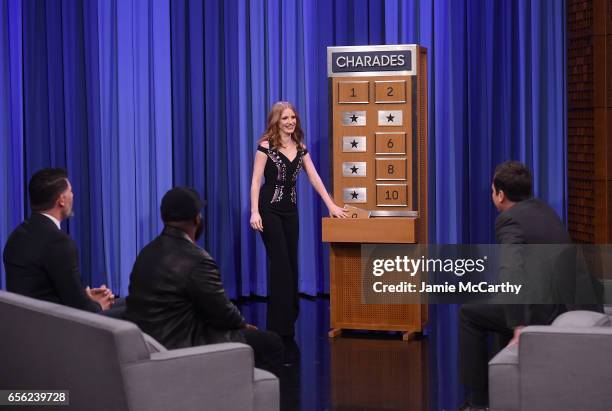 Joe Manganiello,Tariq Trotter of the Roots,Jessica Chastain and host Jimmy Fallon play charades during a segement on "The Tonight Show Starring Jimmy...