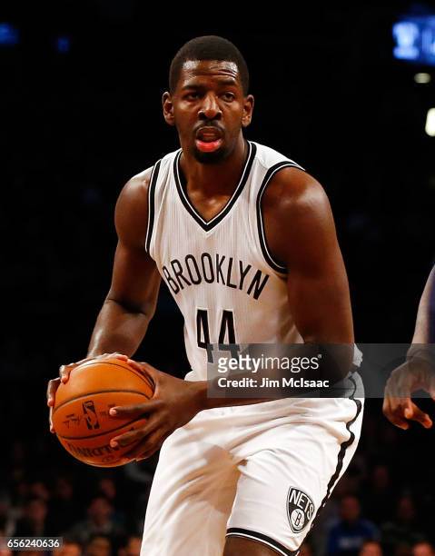Andrew Nicholson of the Brooklyn Nets in action against the Dallas Mavericks at Barclays Center on March 19, 2017 in the Brooklyn borough of New York...