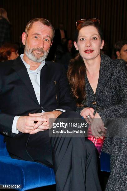 Austrian actor Heikko Deutschmann and his wife german actress Iris Boehm attend the Deutscher Hoerfilmpreis at Kino International on March 21, 2017...