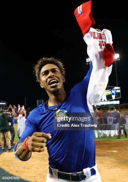 Francisco Lindor of Team Puerto Rico celebrates after Game 1 of the Championship Round of the 2017 World Baseball Classic against Team Netherlands on...