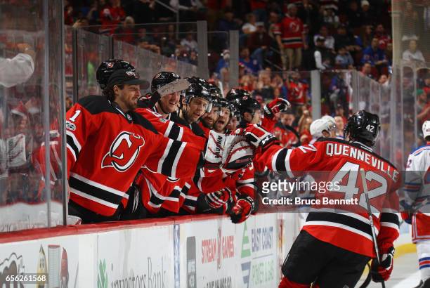 John Quenneville of the New Jersey Devils celebrates his first NHL goal against the New York Rangers on the powerplay at 15:16 of the second period...