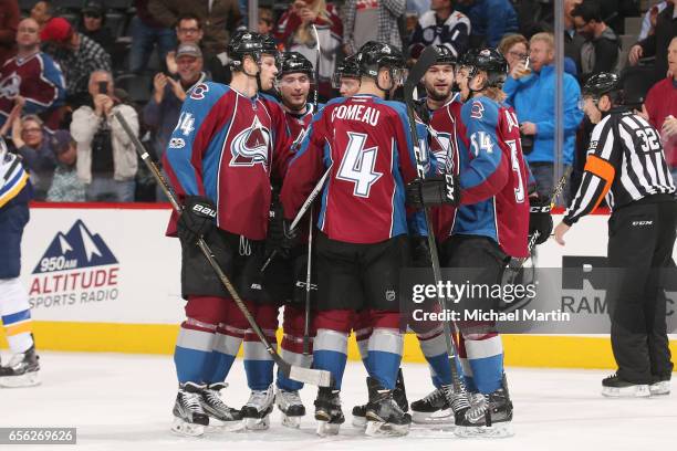 Carl Soderberg, Tyson Barrie, Anton Lindholm, Fedor Tyutin, Blake Comeau and Matt Duchene of the Colorado Avalanche celebrate a goal by teammate John...