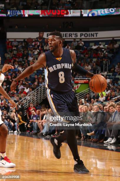 James Ennis of the Memphis Grizzlies handles the ball during a game against the New Orleans Pelicans on March 21, 2017 at Smoothie King Center in New...