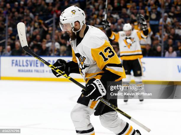 Nick Bonino of the Pittsburgh Penguins celebrates after scoring a goal on the Buffalo Sabres during the third period at the KeyBank Center on March...