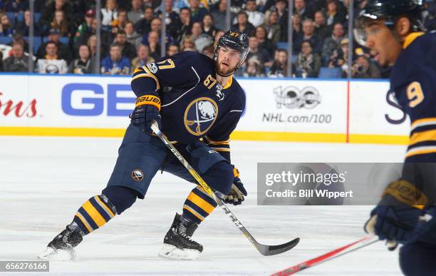 Brady Austin of the Buffalo Sabres skates during an NHL game against the Pittsburgh Penguins at the KeyBank Center on March 21, 2017 in Buffalo, New...