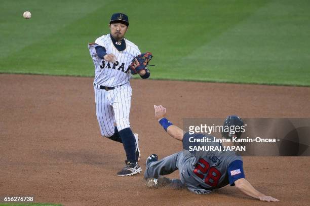 Ryosuke Kikuchi of team Japan makes the pivot to first base as a safe Buster Posey of team United States slides into second in the third inning...