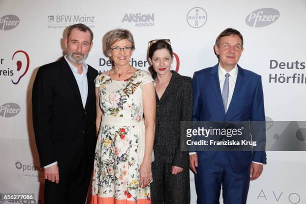 Heikko Deutschmann, Iris Boehm, Renate Reymann and Andreas Bethke attend the Deutscher Hoerfilmpreis at Kino International on March 21, 2017 in...