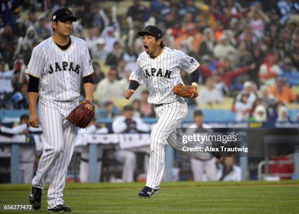 Nobuhiro Matsuda of Team Japan reacts during Game 2 of the Championship Round of the 2017 World Baseball Classic against Team USA on Tuesday, March...