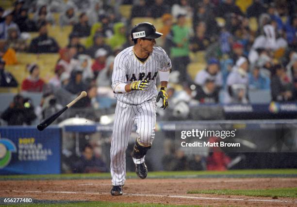 Seiji Kobayashi of Team Japan runs to first after hitting a single in the bottom of the third inning of Game 2 of the Championship Round of the 2017...