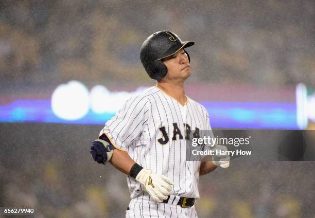 Norichika Aoki of team Japan reacts to grounding out in the fourth inning against team United States during Game 2 of the Championship Round of the...