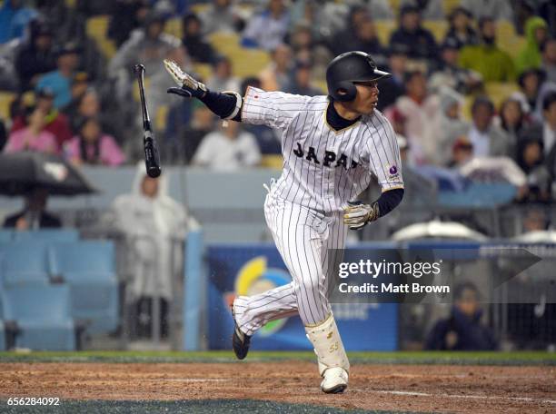 Shogo Akiyama of of Team Japan flies out in the fifth inning of Game 2 of the Championship Round of the 2017 World Baseball Classic against Team USA...