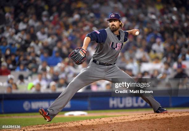 Andrew Miller of Team USA pitches during Game 2 of the Championship Round of the 2017 World Baseball Classic against Team Japan on Tuesday, March 21,...