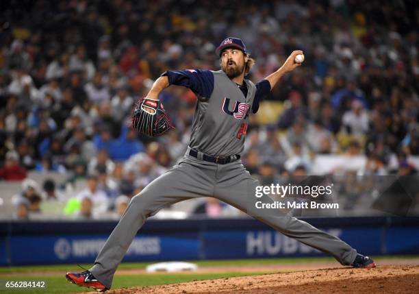 Andrew Miller of Team USA pitches during Game 2 of the Championship Round of the 2017 World Baseball Classic against Team Japan on Tuesday, March 21,...