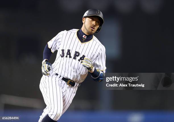 Ryosuke Kikuchi of Team Japan rounds the bases after hitting a solo home run in the sixth inning of Game 2 of the Championship Round of the 2017...