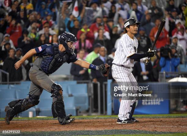 Nobuhiro Matsuda of Team Japan strikes out to end Game 2 of the Championship Round of the 2017 World Baseball Classic against Team USA on Tuesday,...