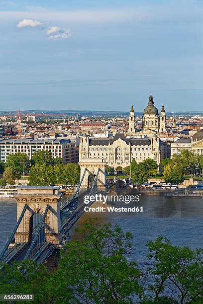 hungary, budapest, view to pest with chain bridge and danube river, palais gresham and st. stephen's basilica - basilica of st stephen budapest stock pictures, royalty-free photos & images