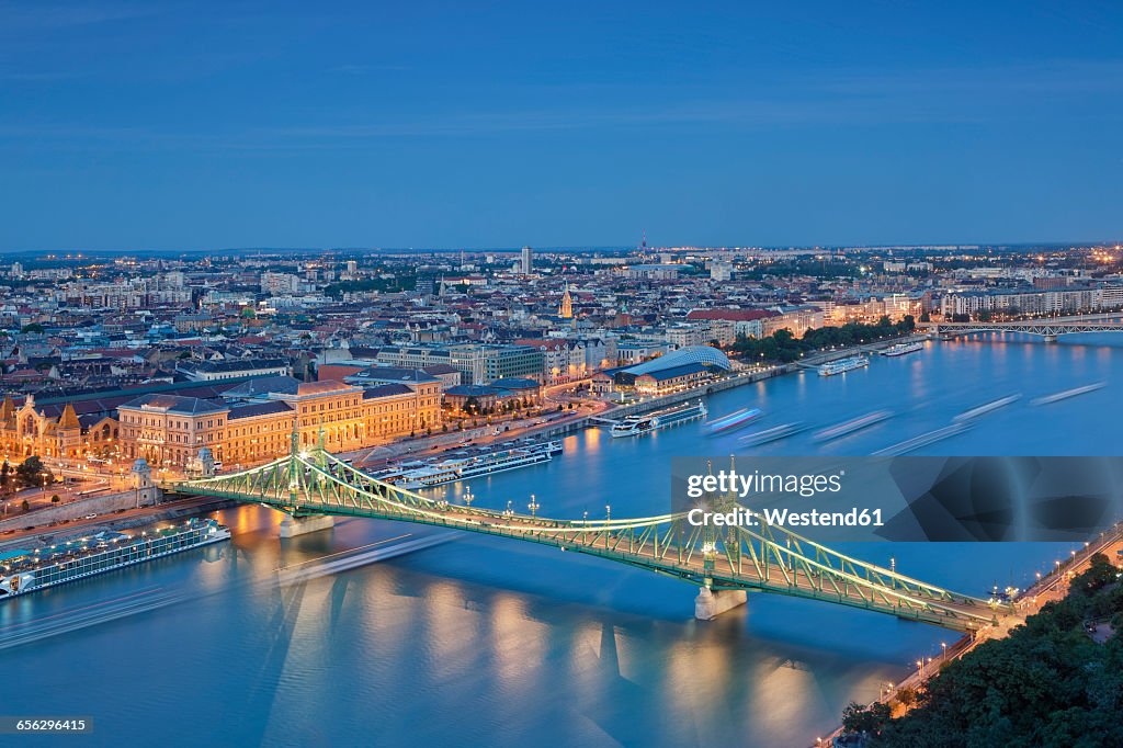 Hungary, Budapest, Danube river and Liberty Bridge in the evening