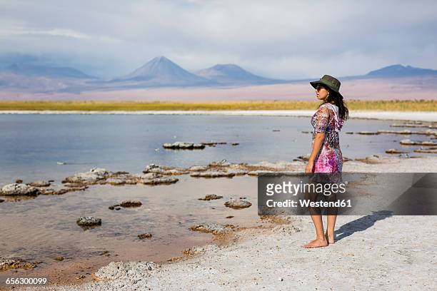 chile, san pedro de atacama, woman standing in the desert at lakeside - san pedro de atacama bildbanksfoton och bilder