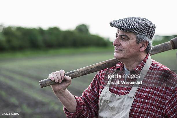 farmer holding tool in front of a field - flat cap 個照片及圖片檔