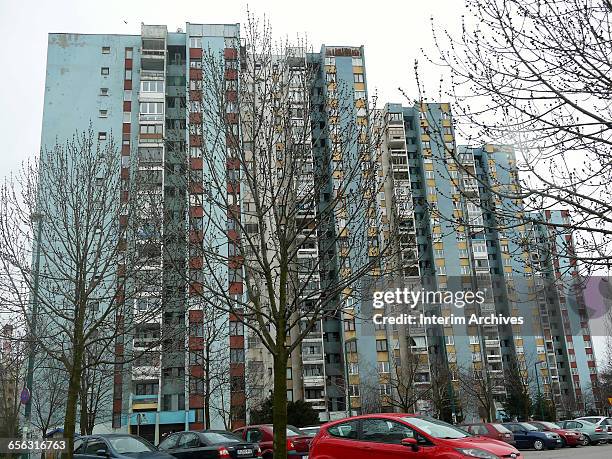 General view of apartment buildings in the Mojmilo Olympic village in Novi Grad, Sarajevo, Bosnia and Hercegovina, March 2015. The exterior facades...