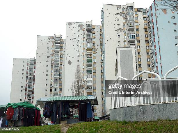 General view of apartment buildings in the Mojmilo Olympic village in Novi Grad, Sarajevo, Bosnia and Hercegovina, March 2015. The exterior facades...