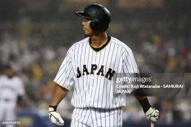 Infielder Sho Nakata of Japan reacts after lining out in the bottom of the fourth inning during the World Baseball Classic Championship Round Game 2...