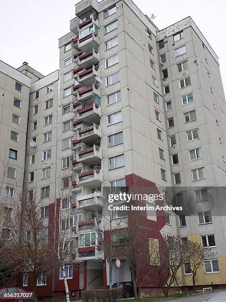 General view of apartment buildings in the Mojmilo Olympic village in Novi Grad, Sarajevo, Bosnia and Hercegovina, March 2015. The exterior facades...