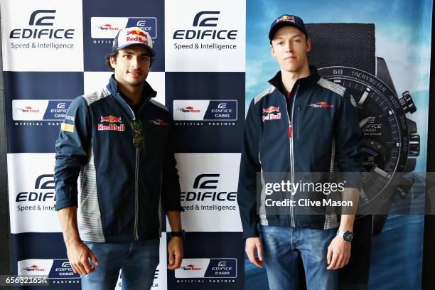 Carlos Sainz of Spain and Scuderia Toro Rosso and Daniil Kvyat of Russia and Scuderia Toro Rosso at the Casio Lifesaver Challenge during previews to...